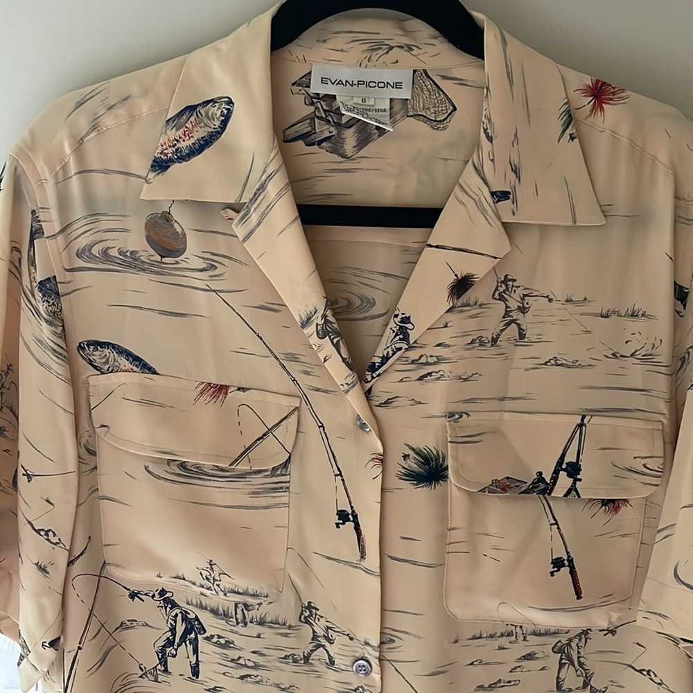 Vintage Silk Button Down Short Sleeve Shirt Evan Picone Fly Fishing Blouse 8